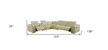 Beige Italian Leather Power Reclining U Shaped Seven Piece Corner Sectional With Console