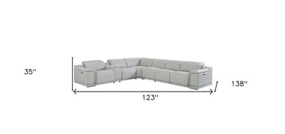 Light Gray Italian Leather Power Reclining U Shaped Seven Piece Corner Sectional With Console