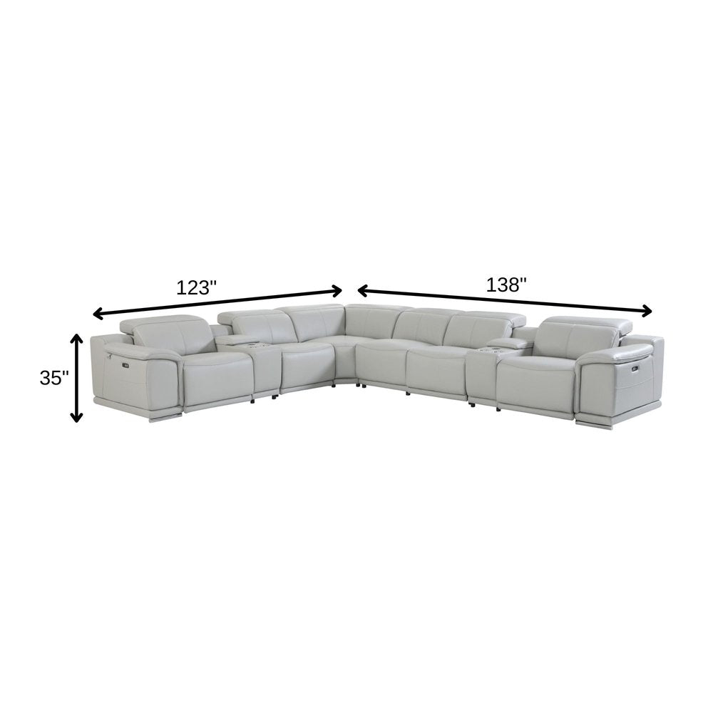 Light Gray Italian Leather Power Reclining U Shaped Eight Piece Corner Sectional With Console