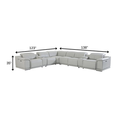 Light Gray Italian Leather Power Reclining U Shaped Eight Piece Corner Sectional With Console