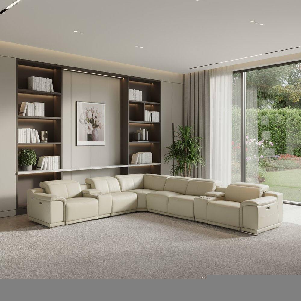 Beige Italian Leather Power Reclining U Shaped Eight Piece Corner Sectional With Console