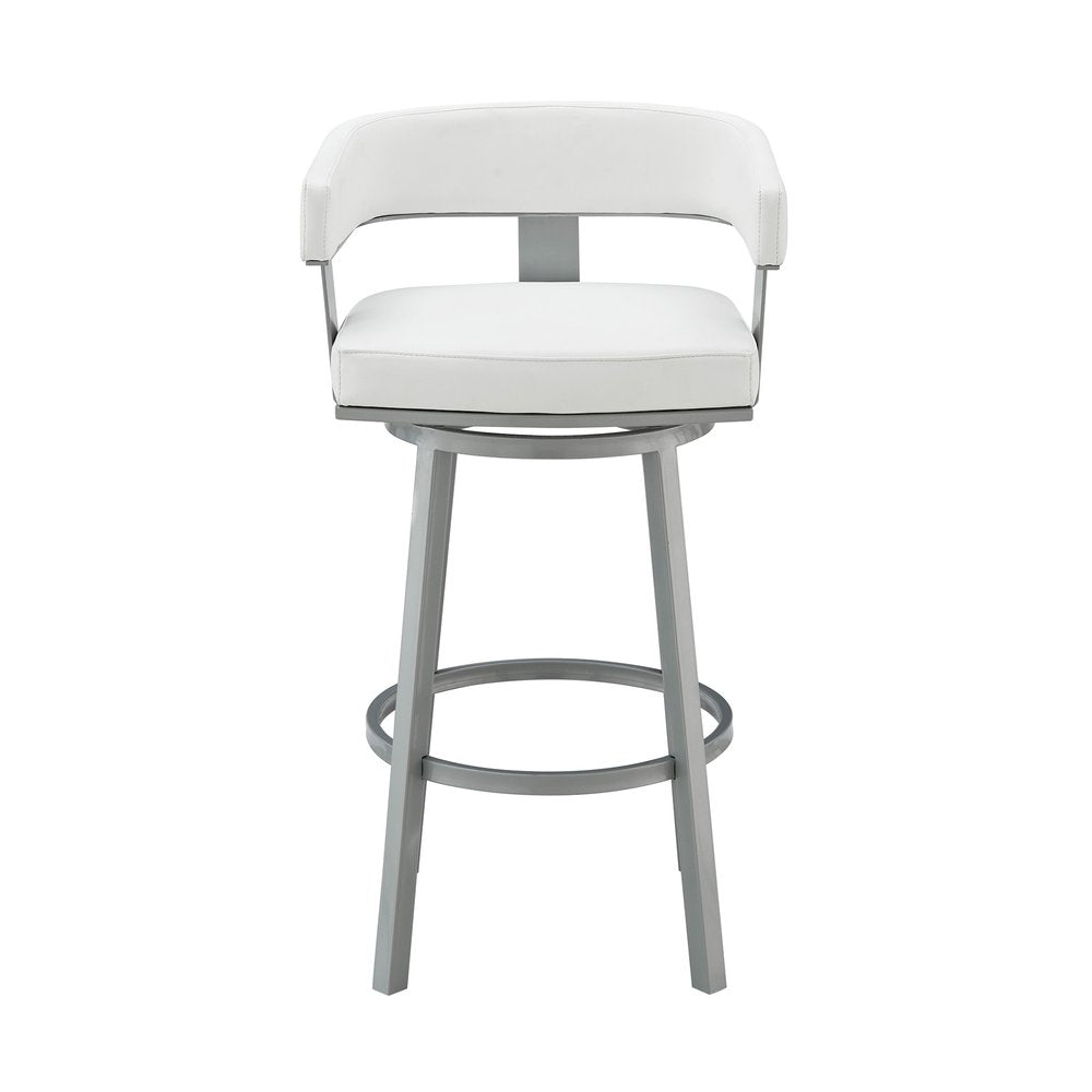 26" White and Gray Faux Leather and Iron Low Back Counter Height Swivel Bar Chair