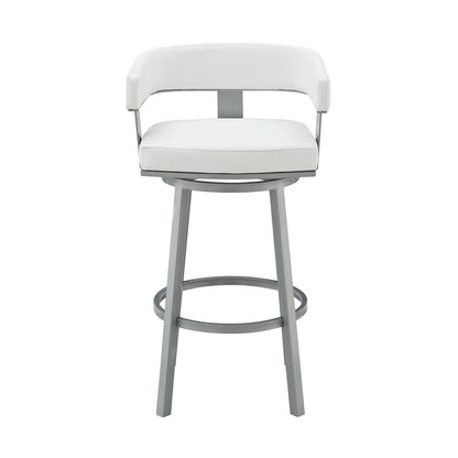 26" White and Gray Faux Leather and Iron Low Back Counter Height Swivel Bar Chair