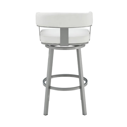 26" White and Gray Faux Leather and Iron Low Back Counter Height Swivel Bar Chair