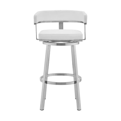 30" White and Silver Faux Leather Stainless Steel Low Back Bar Height Swivel Bar Chair