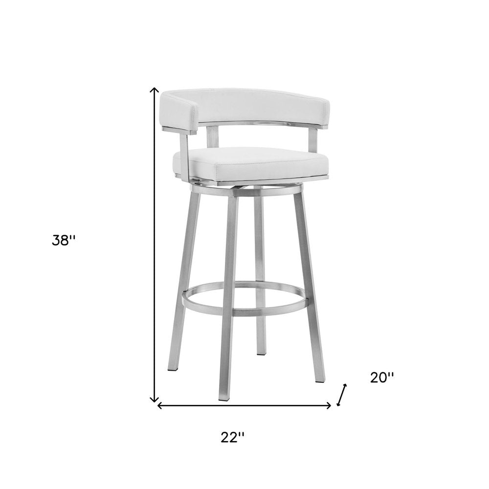 30" White And Silver Faux Leather And Fabric And Steel Low Back Bar Height Swivel Bar Chair