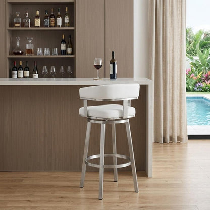 30" White and Silver Faux Leather Stainless Steel Low Back Bar Height Swivel Bar Chair