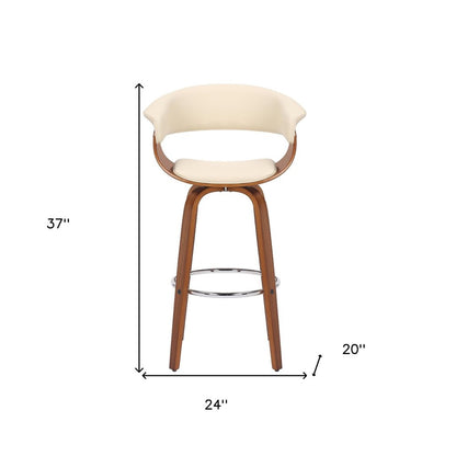 27" Cream and Brown Faux Leather and Solid Wood Low Back Counter Height Swivel Bar Chair