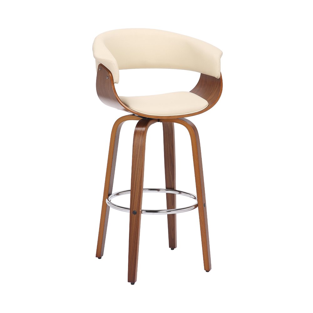 27" Cream and Brown Faux Leather and Solid Wood Low Back Counter Height Swivel Bar Chair