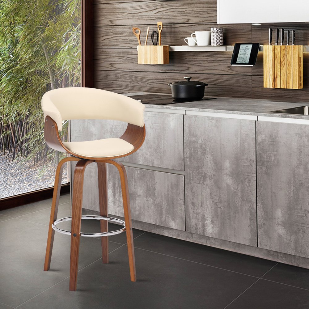27" Cream and Brown Faux Leather and Solid Wood Low Back Counter Height Swivel Bar Chair