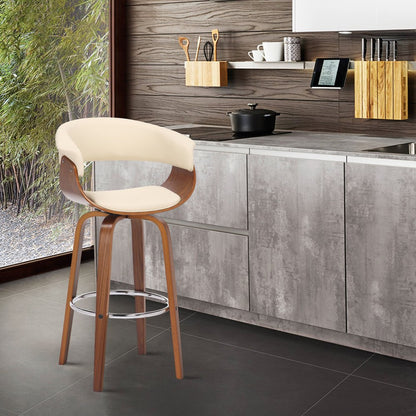 27" Cream and Brown Faux Leather and Solid Wood Low Back Counter Height Swivel Bar Chair