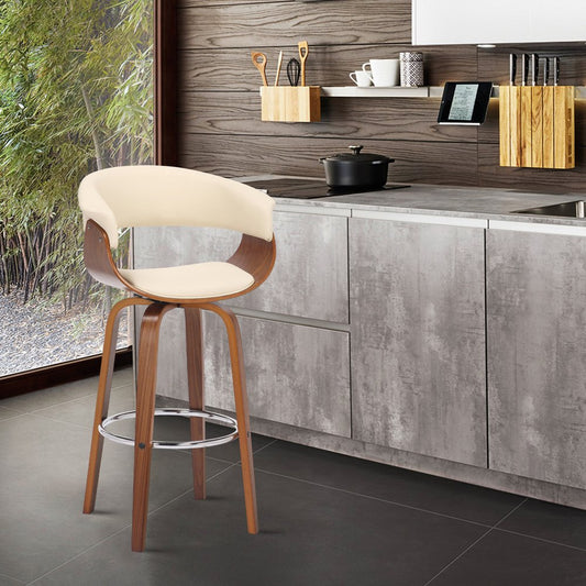27" Cream and Brown Faux Leather and Solid Wood Low Back Counter Height Swivel Bar Chair