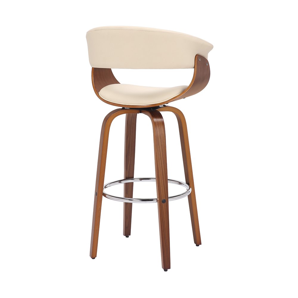 27" Cream and Brown Faux Leather and Solid Wood Low Back Counter Height Swivel Bar Chair