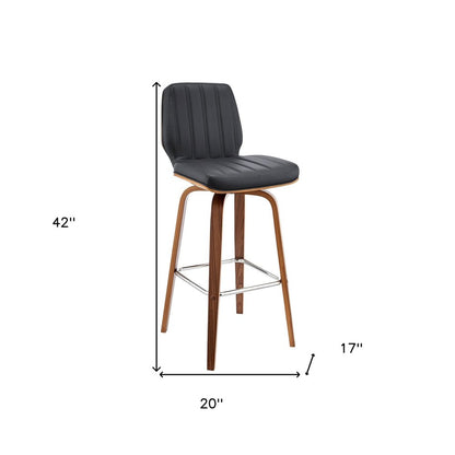 30" Gray and Brown Faux Leather and Solid and Manufactured Wood Bar Height Swivel Bar Chair