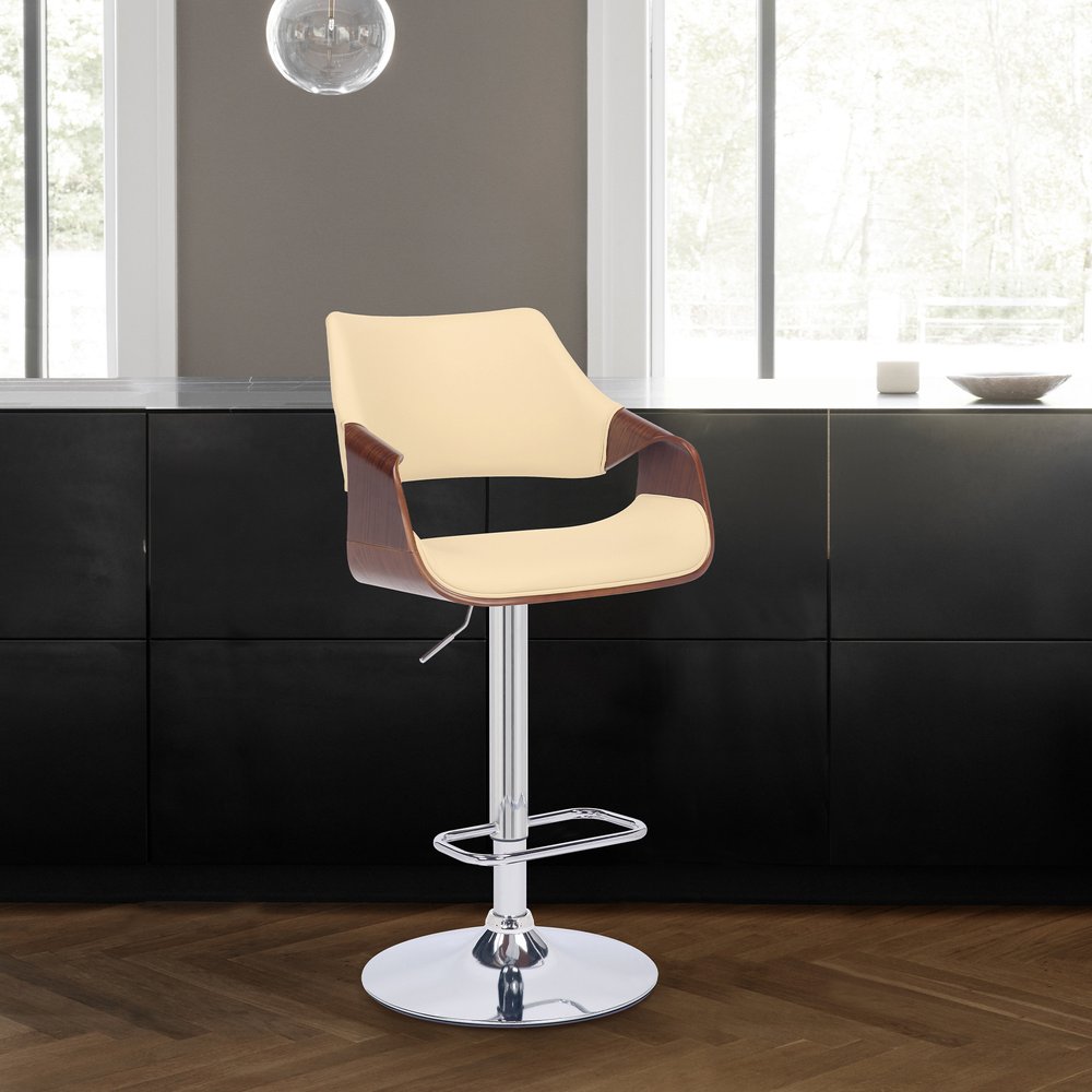 Cream and Silver Faux Leather Iron And Wood Adjustable Height Swivel Bar Chair