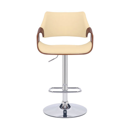 Cream and Silver Faux Leather Iron And Wood Adjustable Height Swivel Bar Chair
