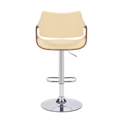 Cream and Silver Faux Leather Iron And Wood Adjustable Height Swivel Bar Chair