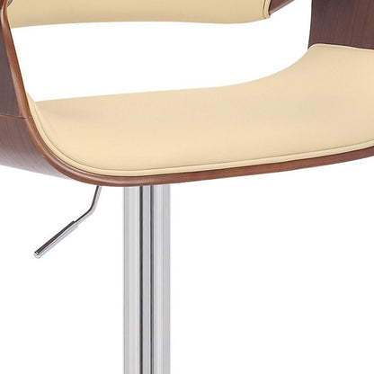 Cream and Silver Faux Leather Iron And Wood Adjustable Height Swivel Bar Chair