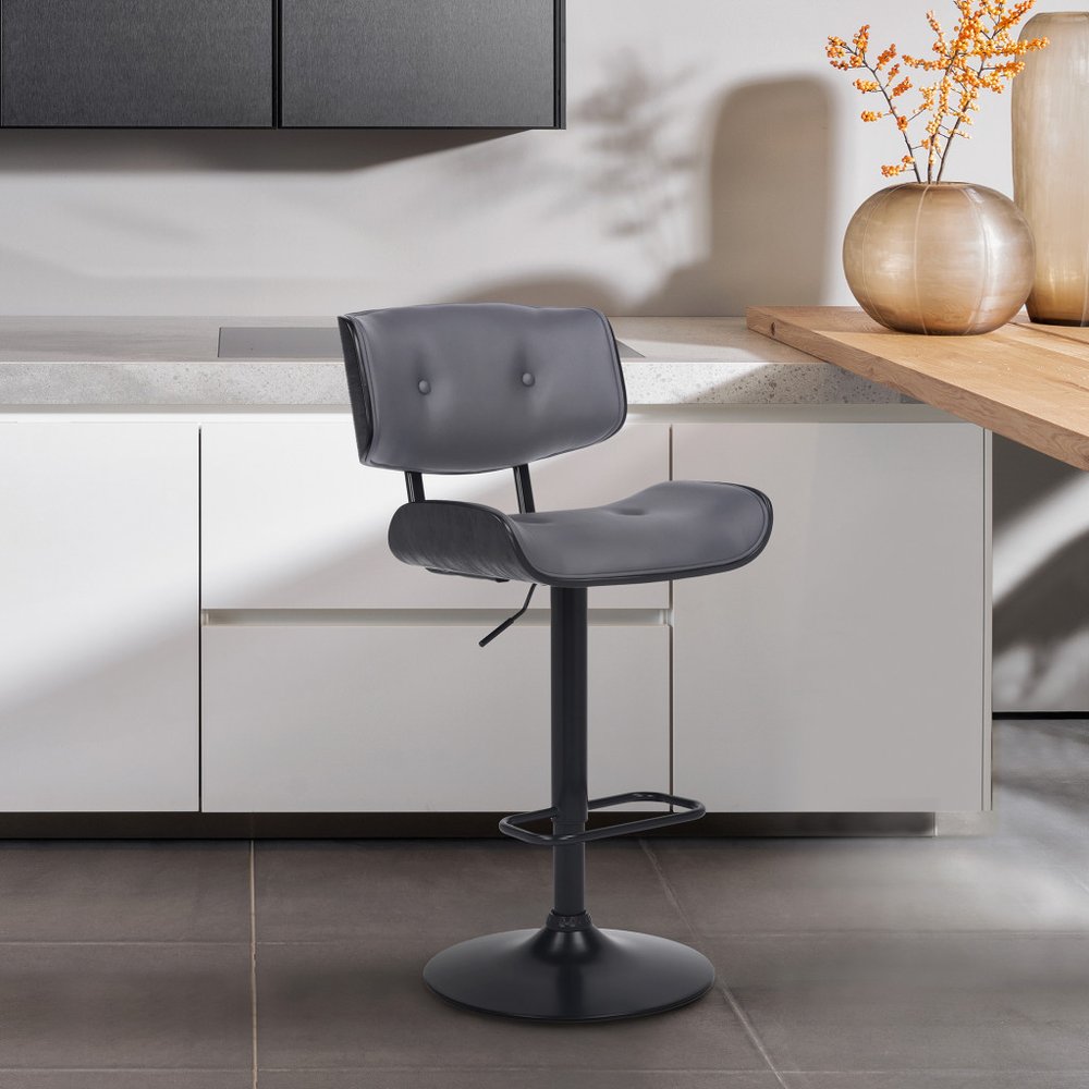 Gray And Black Faux Leather And Iron Adjustable Height Swivel Bar Chair