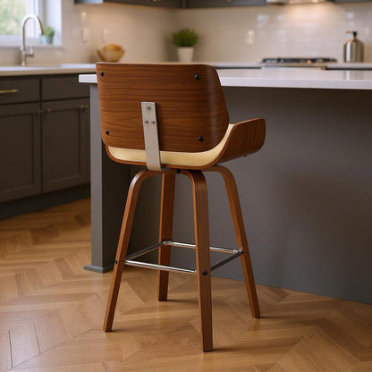 26" Cream And Brown Faux Leather And Solid Wood Swivel Counter Height Bar Chair