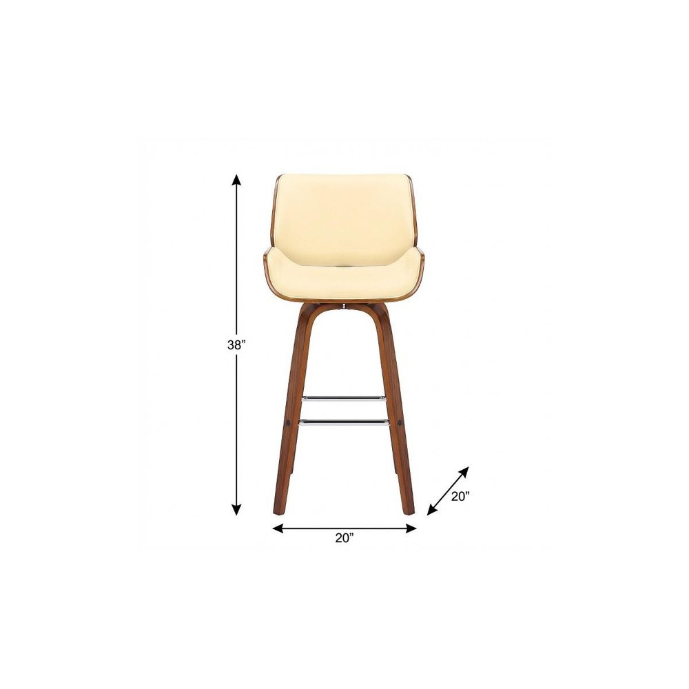 26" Cream And Brown Faux Leather And Solid Wood Swivel Counter Height Bar Chair