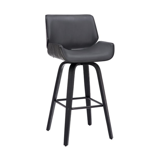 30" Gray and Black Faux Leather and Iron Bar Height Swivel Bar Chair