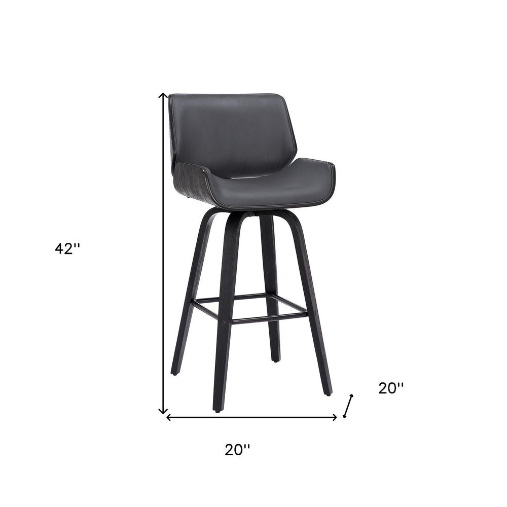 30" Gray and Black Faux Leather and Iron Bar Height Swivel Bar Chair