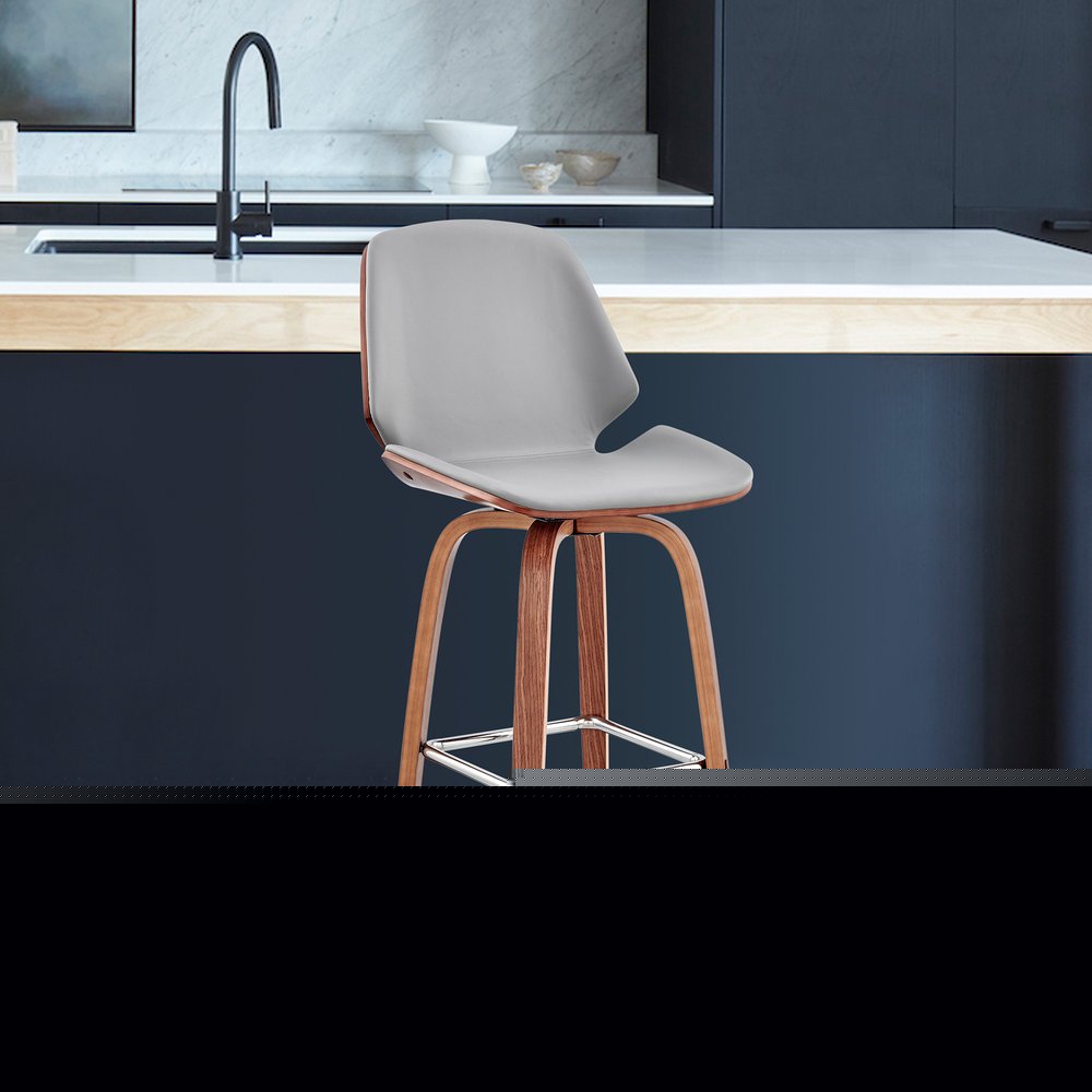 26" Gray And Brown Swivel Counter Height Bar Chair