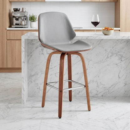 26" Gray And Brown Fabric And Wood Counter Height Swivel Bar Chair