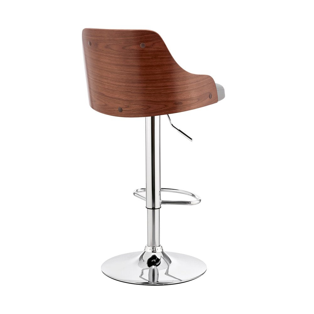 Gray And Silver Faux Leather And Iron Adjustable Height Swivel Bar Chair