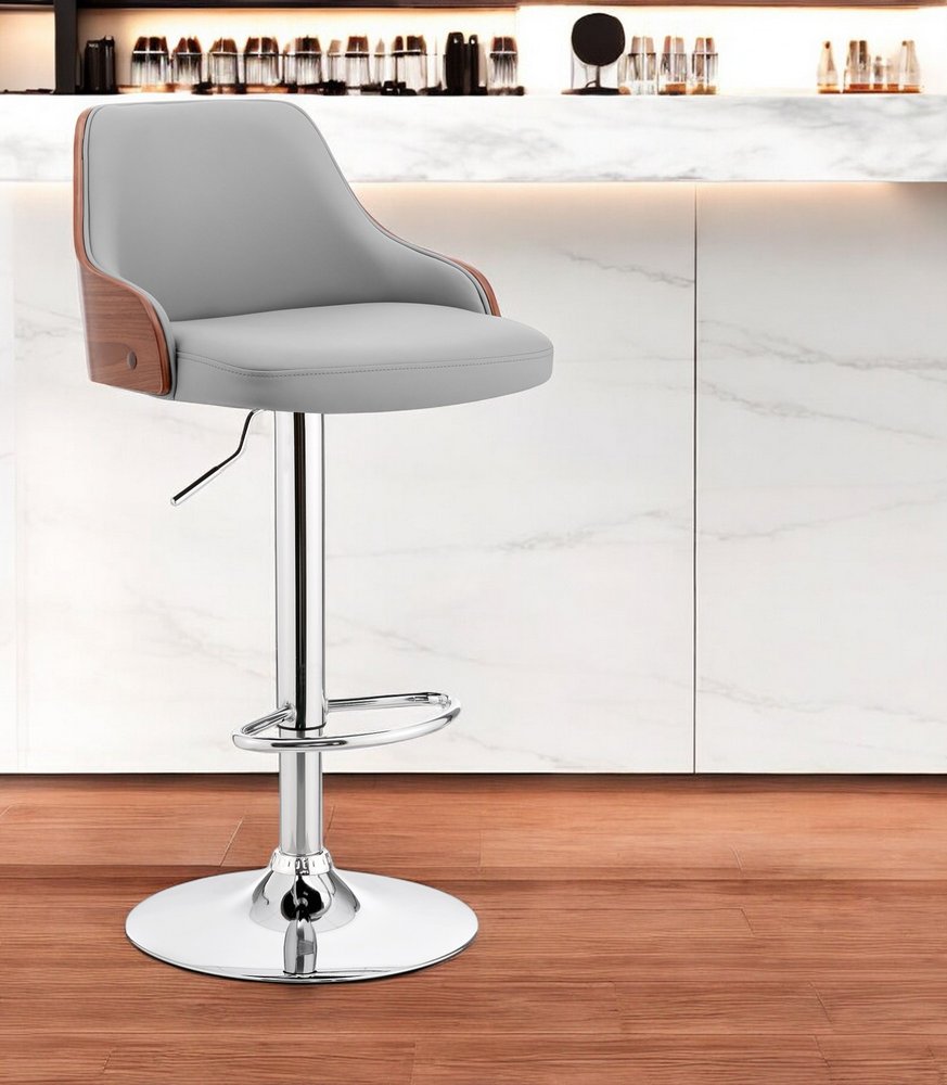 Gray And Silver Faux Leather And Iron Adjustable Height Swivel Bar Chair