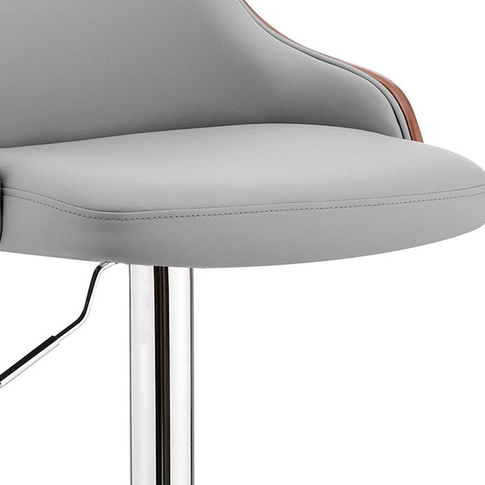 Gray And Silver Faux Leather And Iron Adjustable Height Swivel Bar Chair