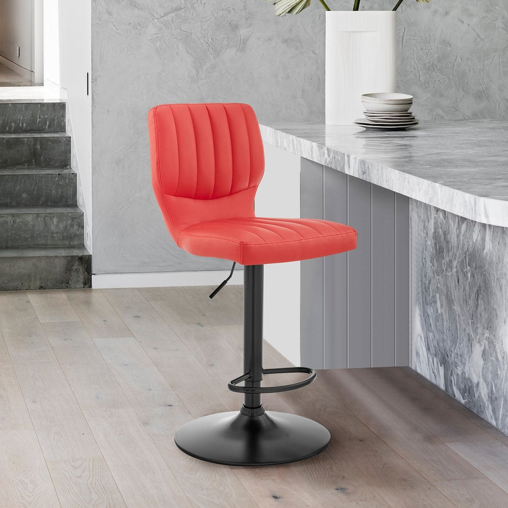 Red and Black Faux Leather And Iron Adjustable Height Swivel Bar Chair