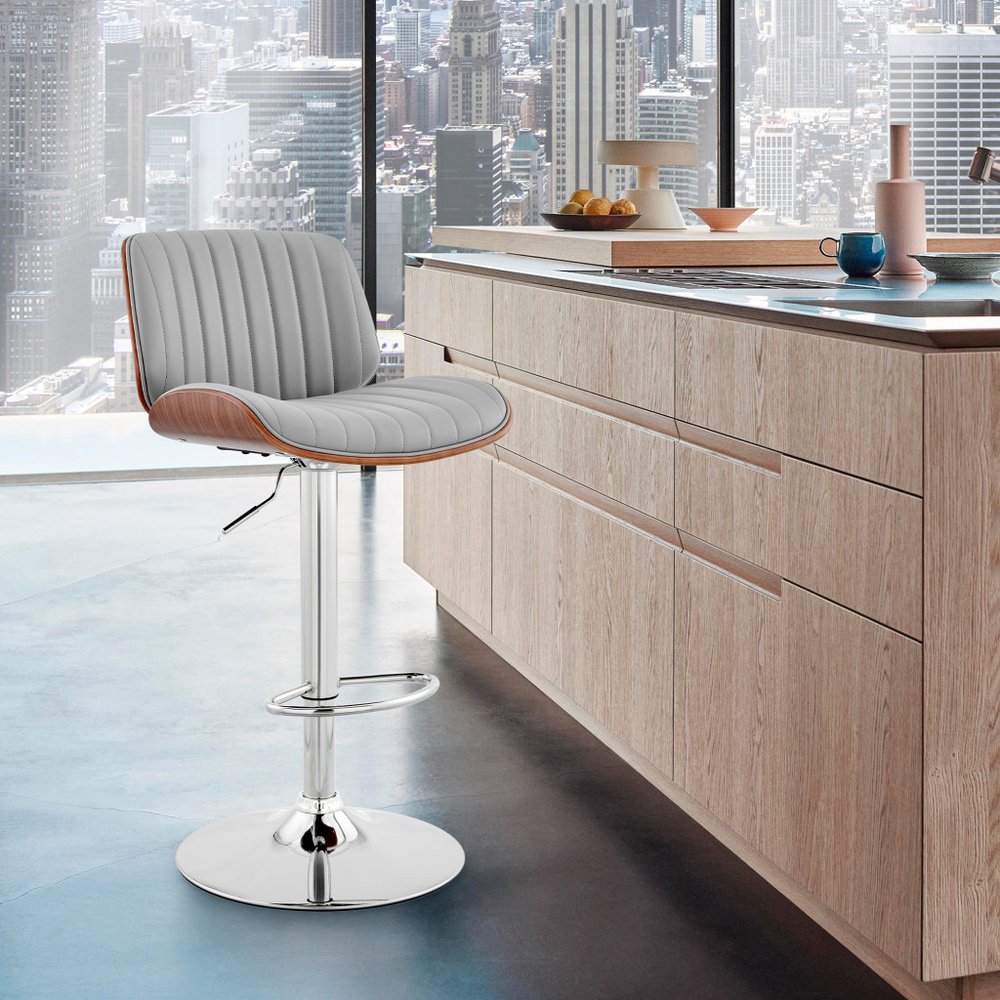 Gray And Silver Fabric And Iron Adjustable Height Swivel Bar Chair