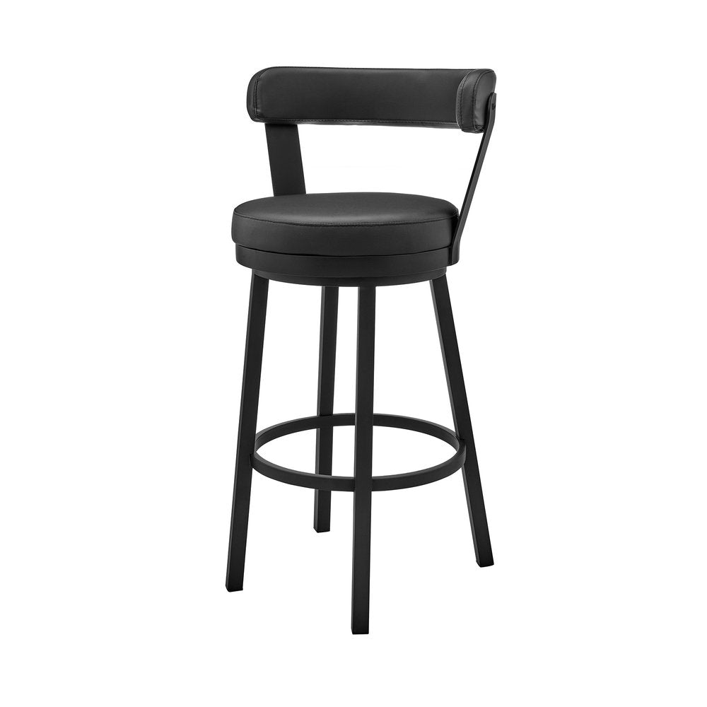 30" Black Faux Leather And Steel Low Back Bar Height Swivel Bar Chair