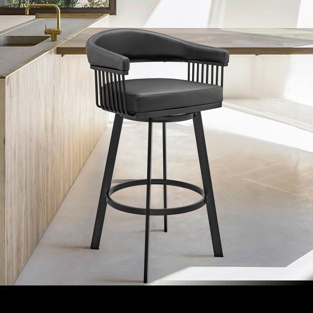 26" Black Faux Leather and Iron Low Back Counter Height Swivel Bar Chair