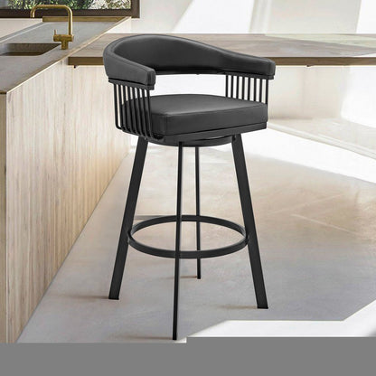 26" Black Faux Leather and Iron Low Back Counter Height Swivel Bar Chair