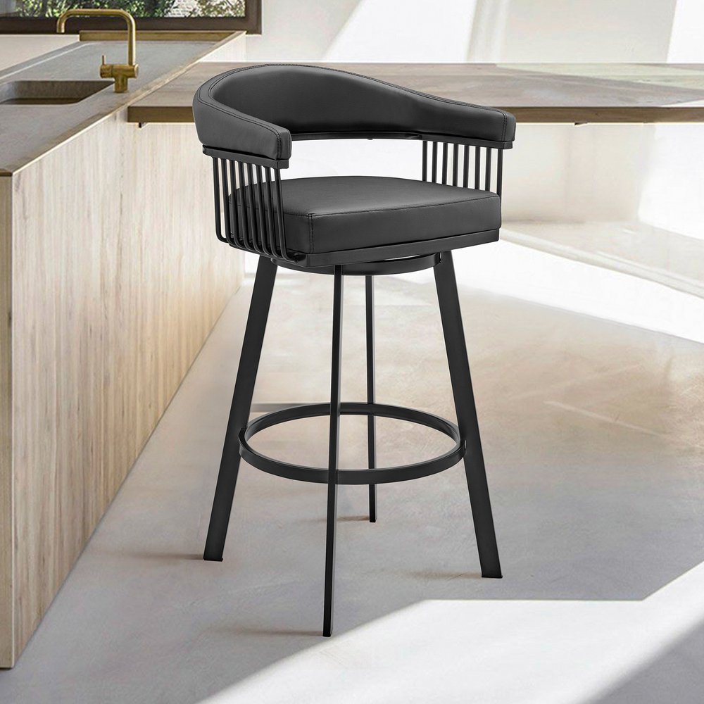 29" Black Fabric and Iron Low Back Bar Height Swivel Bar Chair