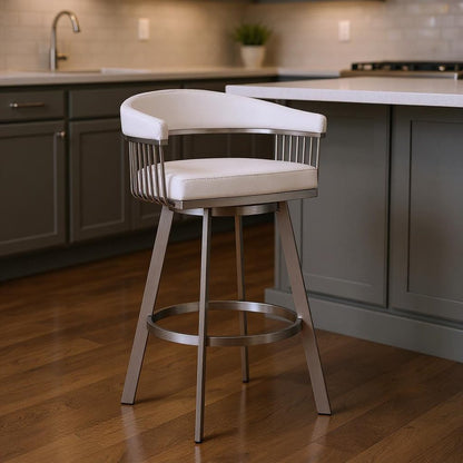 25" White And Silver Iron Swivel Low Back Counter Height Bar Chair