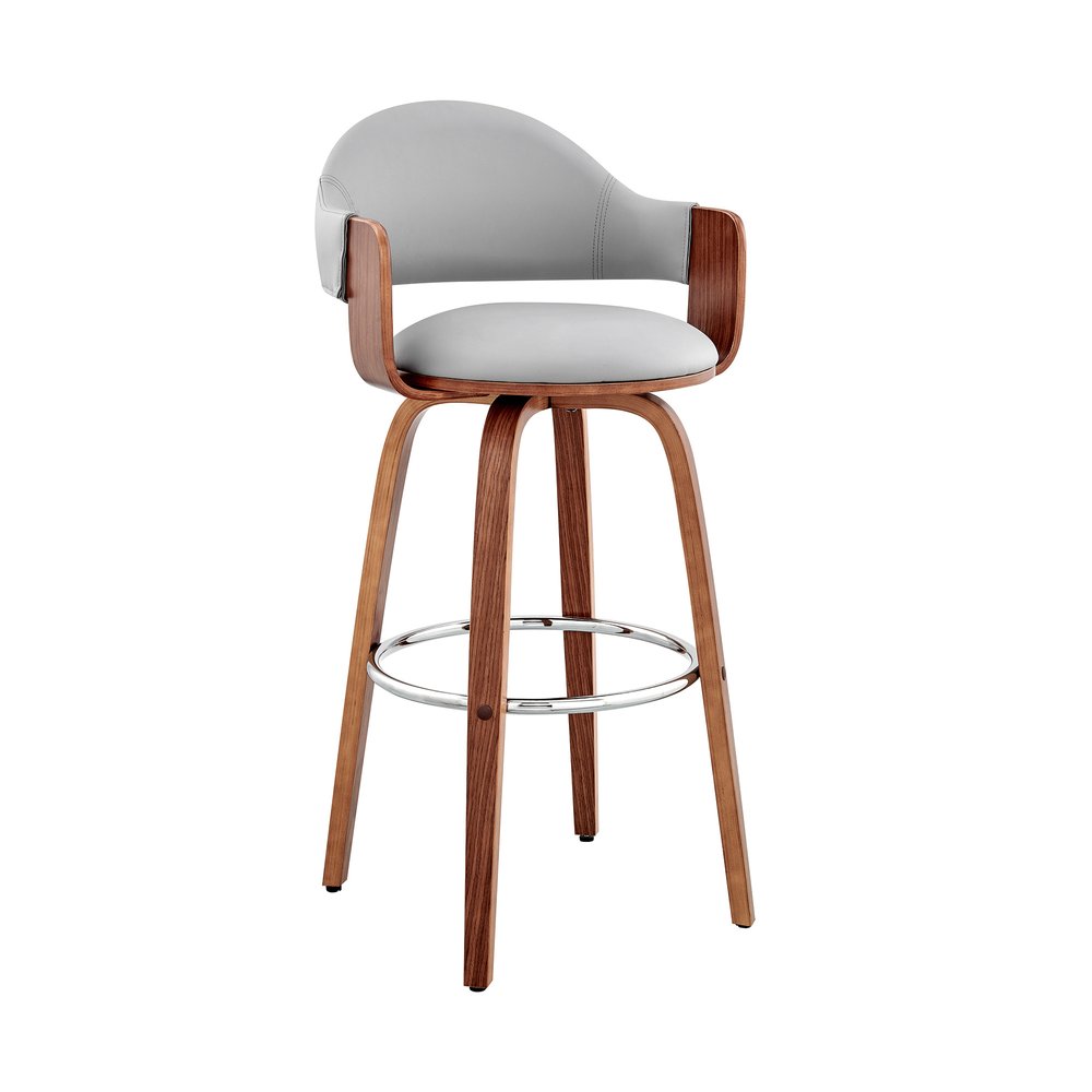 26" Gray And Brown Fabric And Wood Low Back Counter Height Swivel Bar Chair