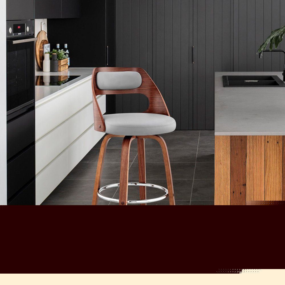 30" Gray And Brown Faux Leather Swivel Bar Height Bar Chair