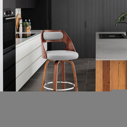 30" Gray And Brown Faux Leather Swivel Bar Height Bar Chair