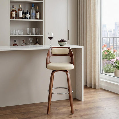 30" Cream and Brown Faux Leather Swivel Bar Chair