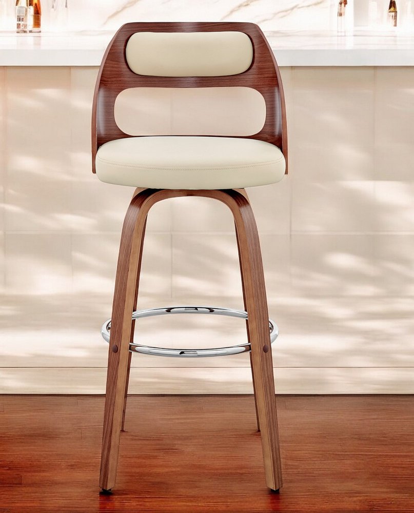 30" Cream and Brown Faux Leather Swivel Bar Chair