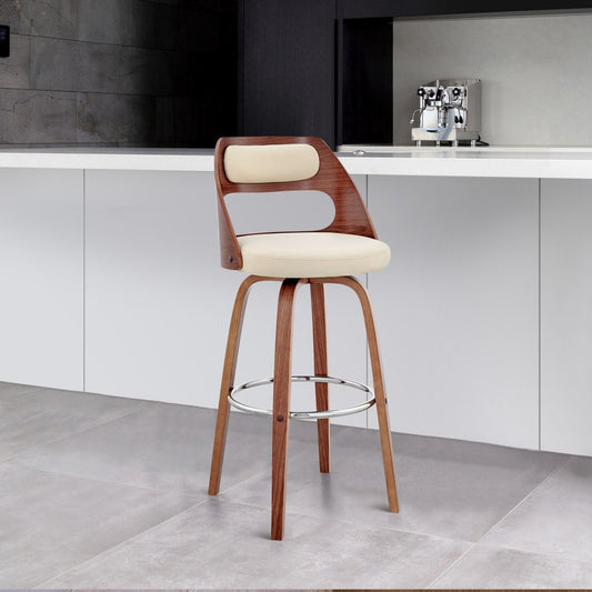 30" Cream and Brown Faux Leather Swivel Bar Chair