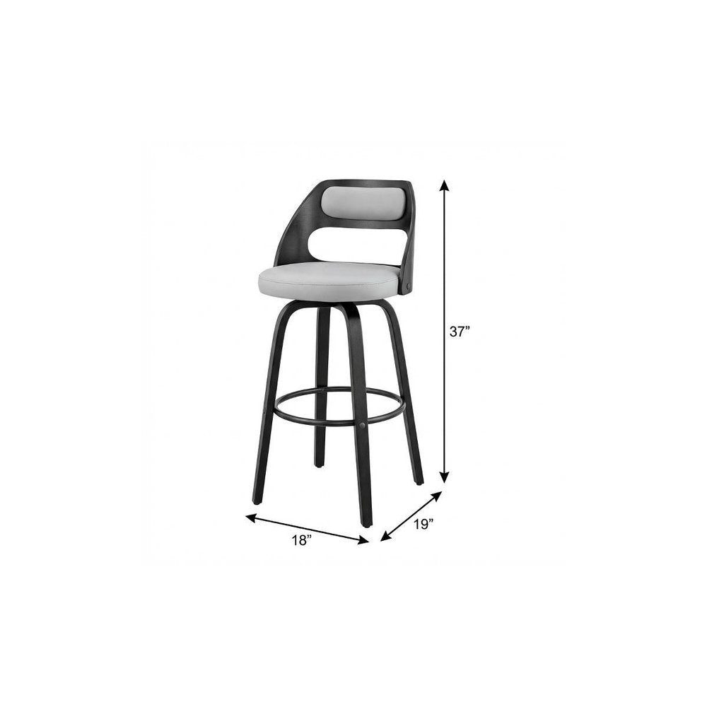 26" Gray And Black Faux Leather And Iron Swivel Counter Height Bar Chair