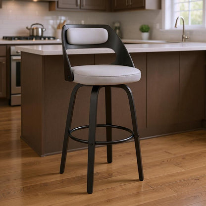 26" Gray And Black Faux Leather And Iron Swivel Counter Height Bar Chair