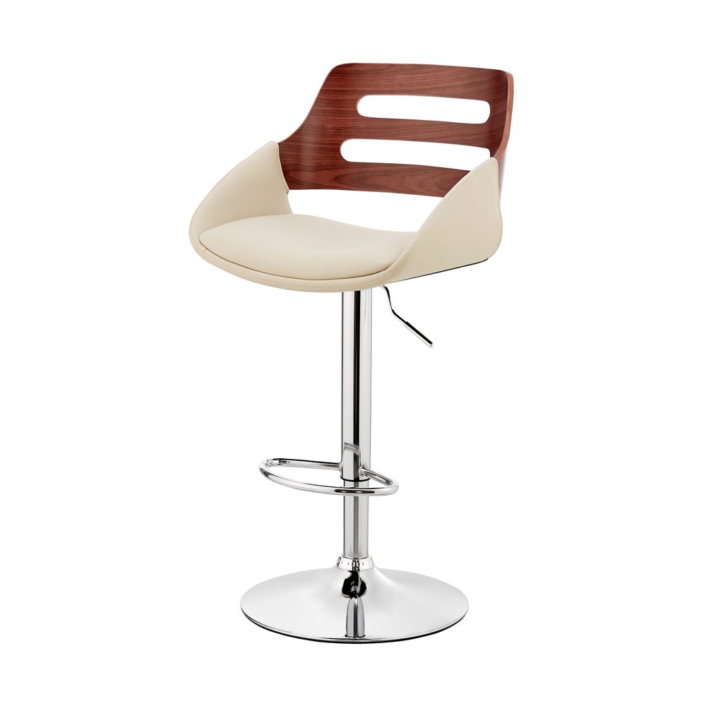 Cream And Silver Fabric And Iron Low Back Adjustable Height Swivel Bar Chair