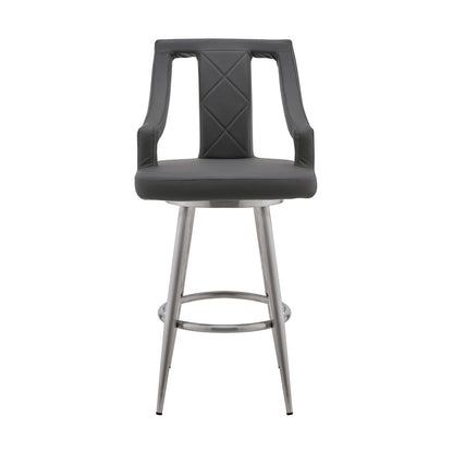 25" Gray and Silver Faux Leather and Iron Counter Height Swivel Bar Chair