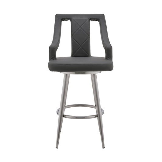 25" Gray and Silver Faux Leather and Iron Counter Height Swivel Bar Chair